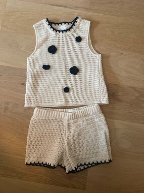 Zara Kids Cream Crochet Tank & Shorts Set with Black Accents